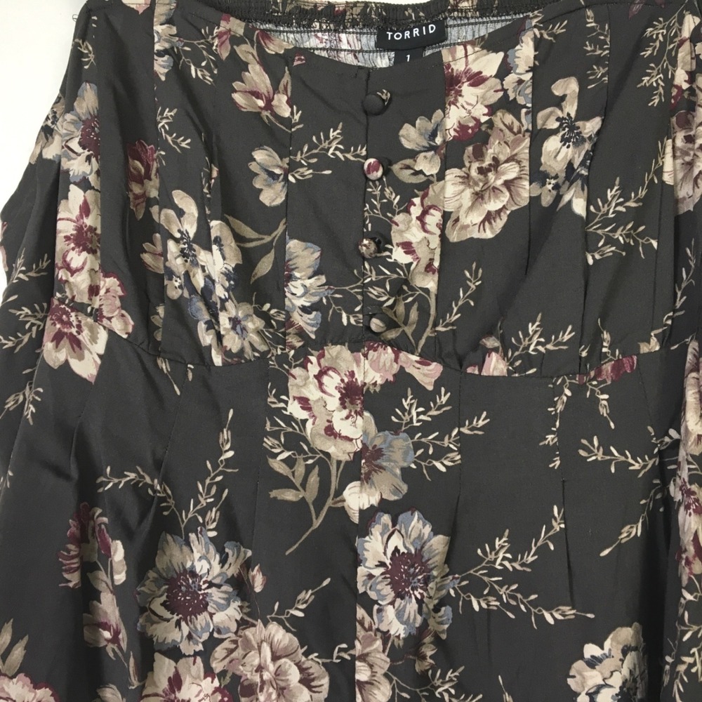 Torrid Floral Corset Top Smocked Back Button Detail Peplum Tank 1 Gray Brown - Picture 2 of 5